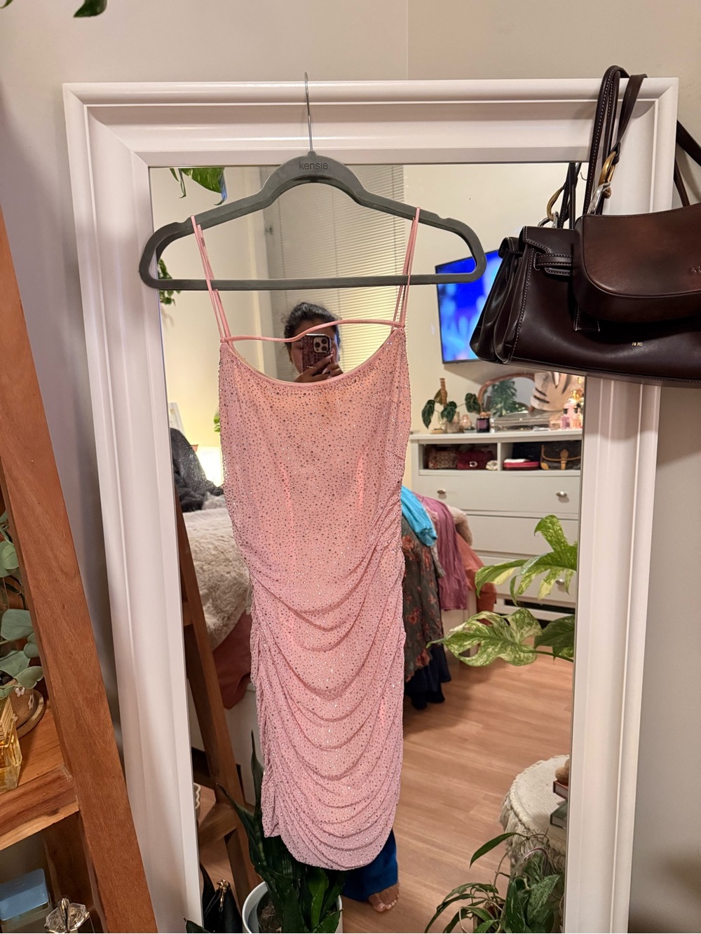 Oh Polly Pink Sparkle Ruched Mini Dress